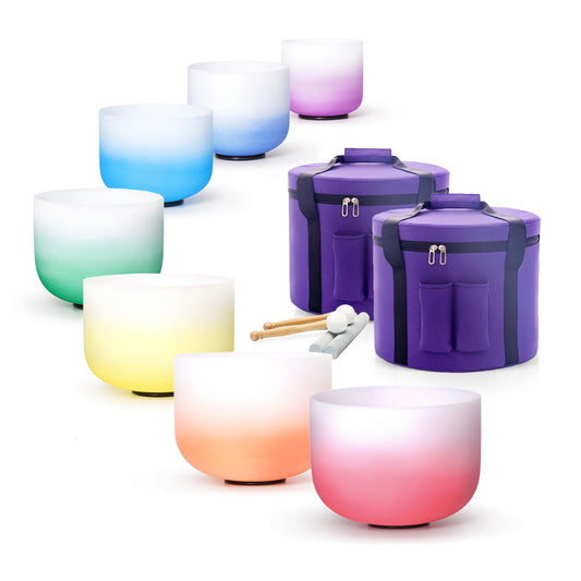 432HZ Color Chakra Frosted Quartz Crystal Singing Bowls 6-12" Set of 7Pcs for Yoga and Meditation Sound Healing with Free Bag
