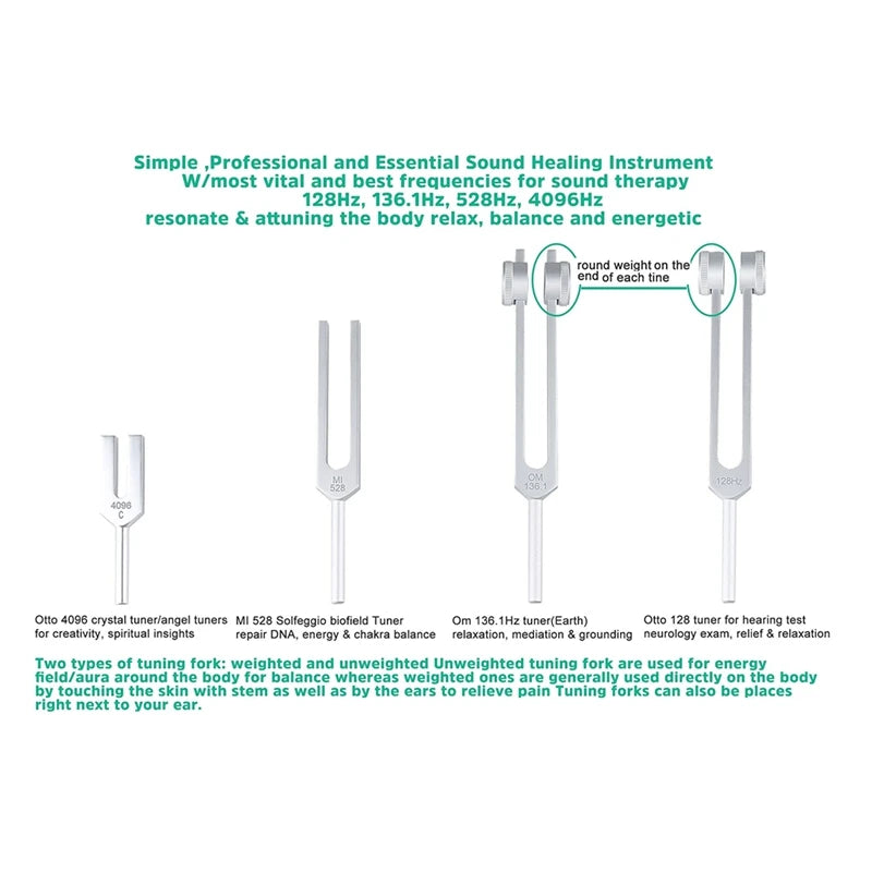 4Pcs Tuning Fork Set(128Hz, OM 136.1Hz, MI 528Hz, 4096Hz),For Healing Chakra,Sound Therapy,Reliever Stress