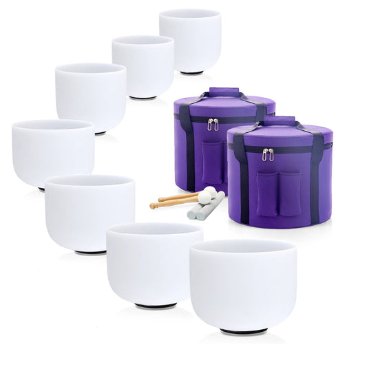 432HZ Color Chakra Frosted Quartz Crystal Singing Bowls 6-12" Set of 7Pcs for Yoga and Meditation Sound Healing with Free Bag